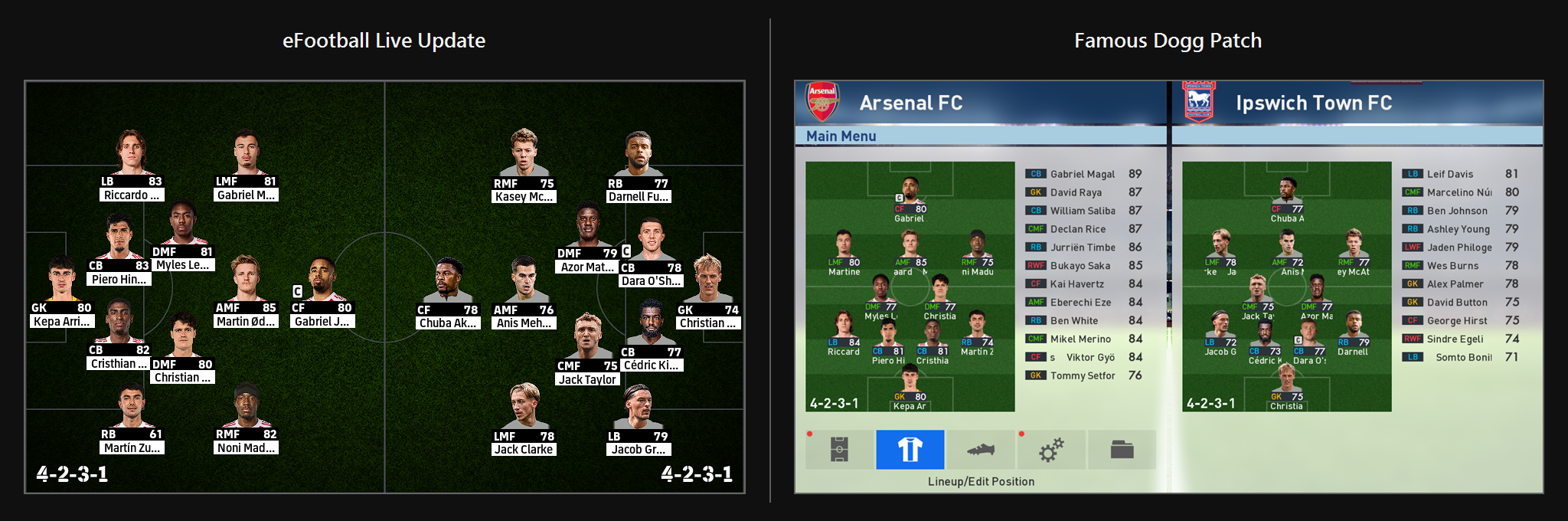 Comparison of Arsenal and Ipswich Town lineups from an eFootball Live Update mapped into the Famous Dogg PES 2017 Database Patch
