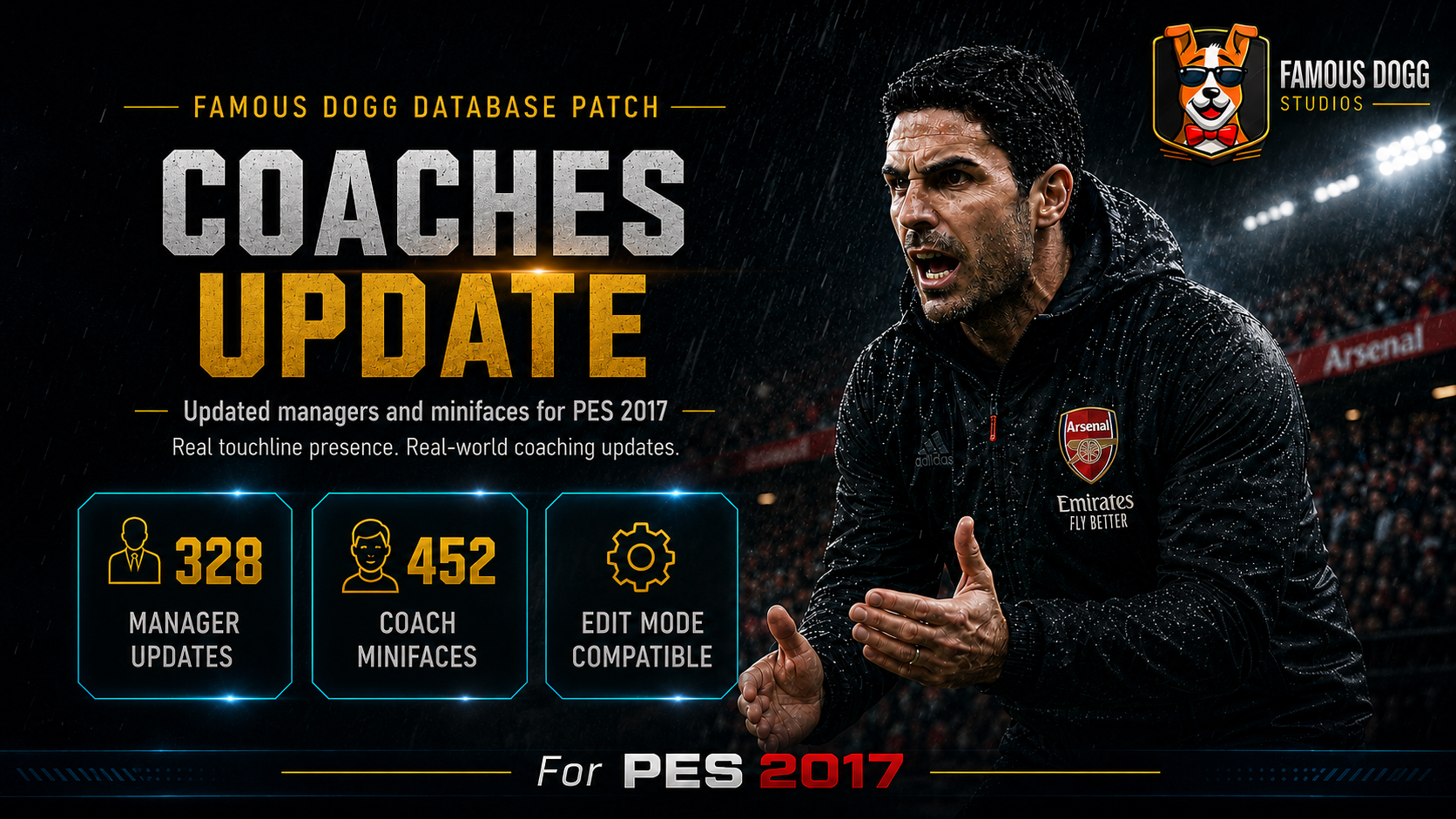 Famous Dogg Database Patch v1.3 Coaches Update artwork showing manager updates and coach minifaces for PES 2017
