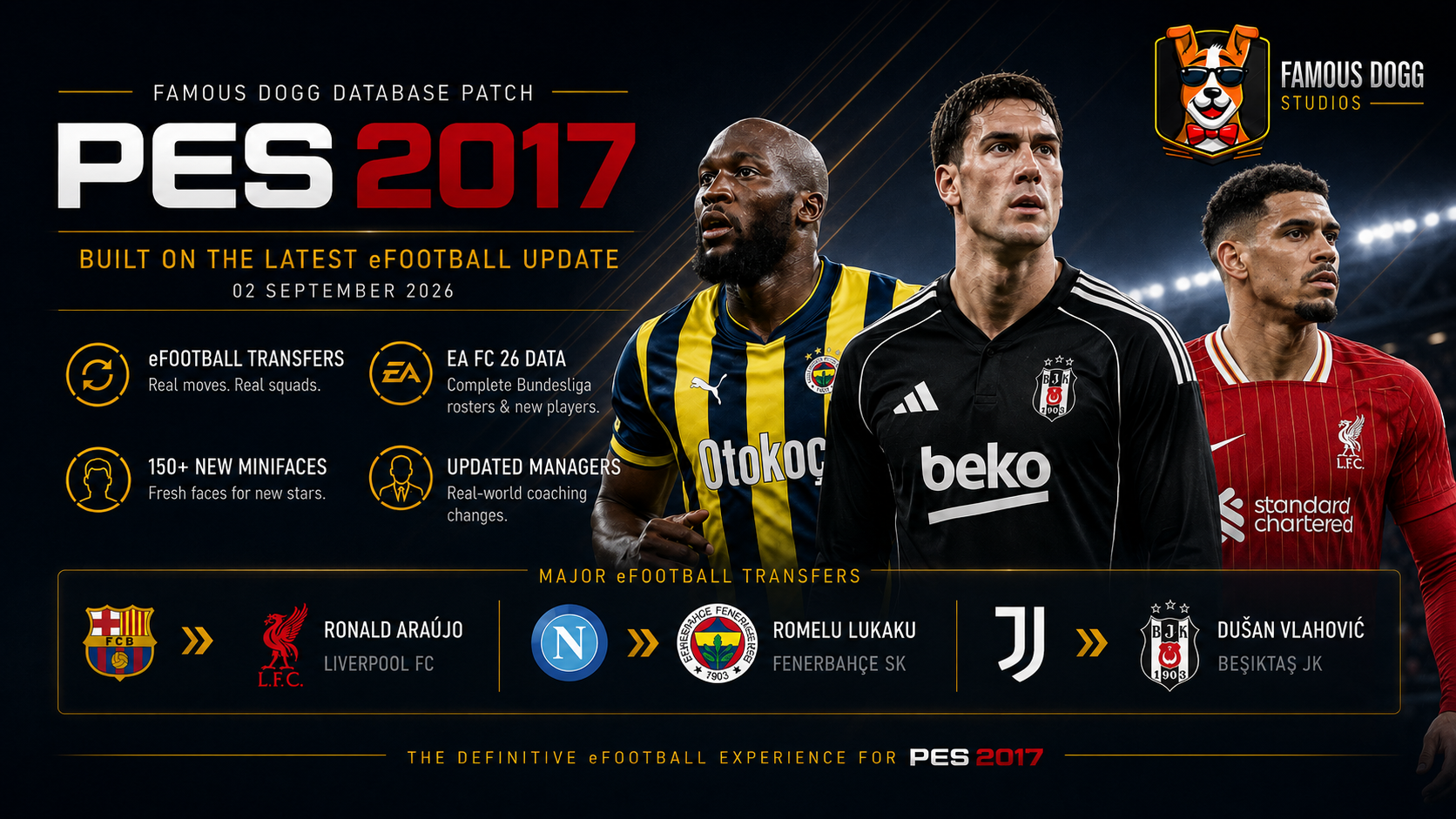 Famous Dogg Database Patch v1.3 for PES 2017 featuring the 02.09.2026 eFootball Live Update, transfers, EA FC 26 data, minifaces and managers