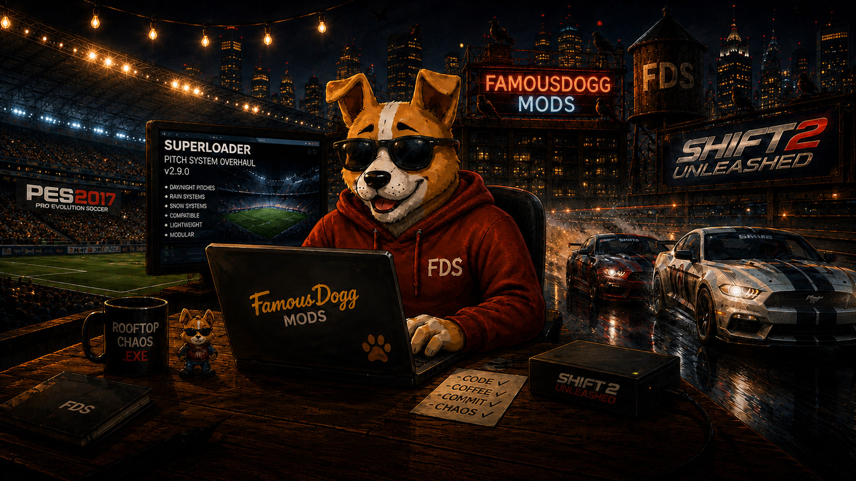 Famous Dogg working on PES 2017 and Shift 2 modding projects on a city rooftop