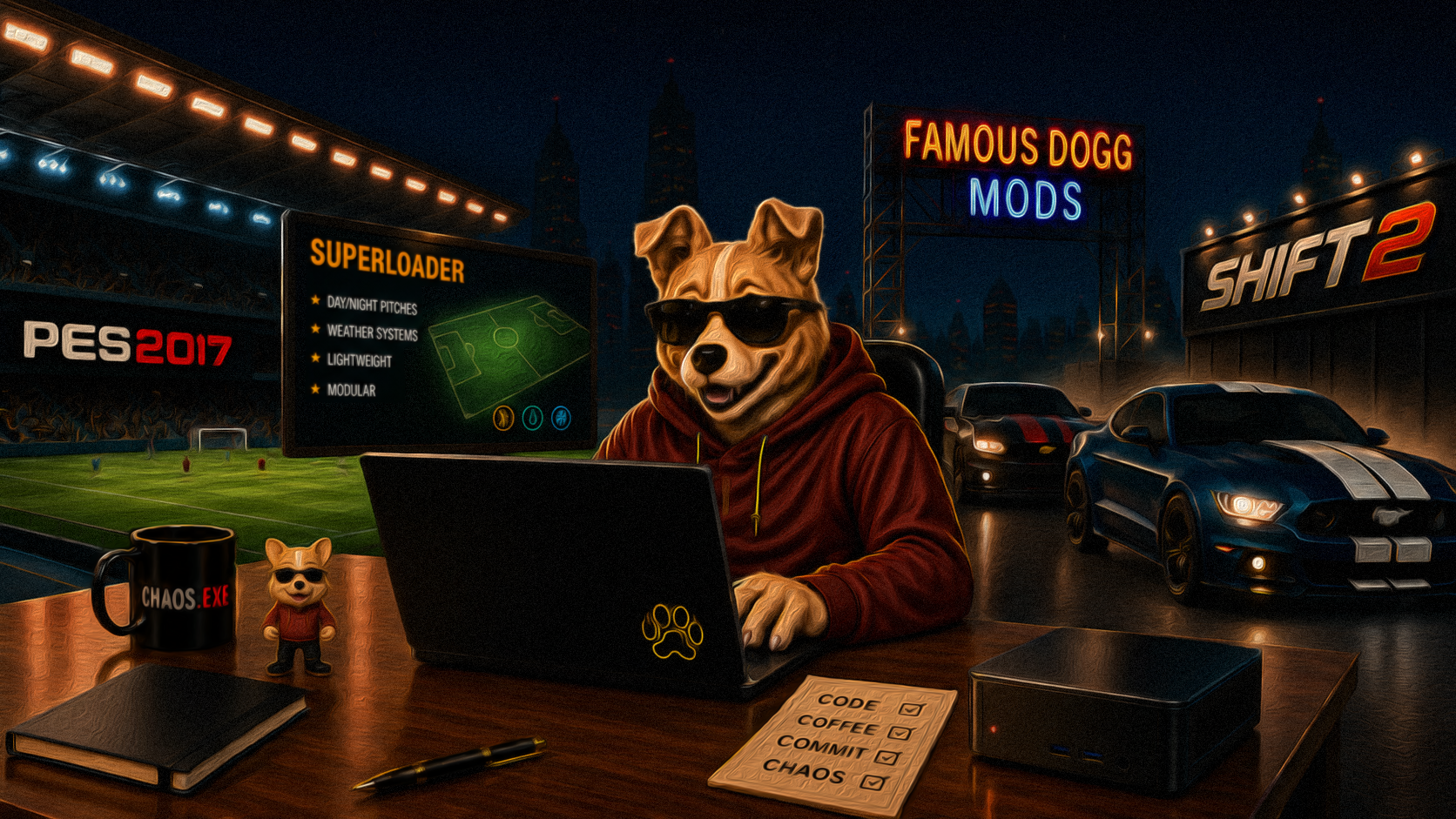 Famous Dogg working on PES 2017 and Shift 2 modding projects on a city rooftop