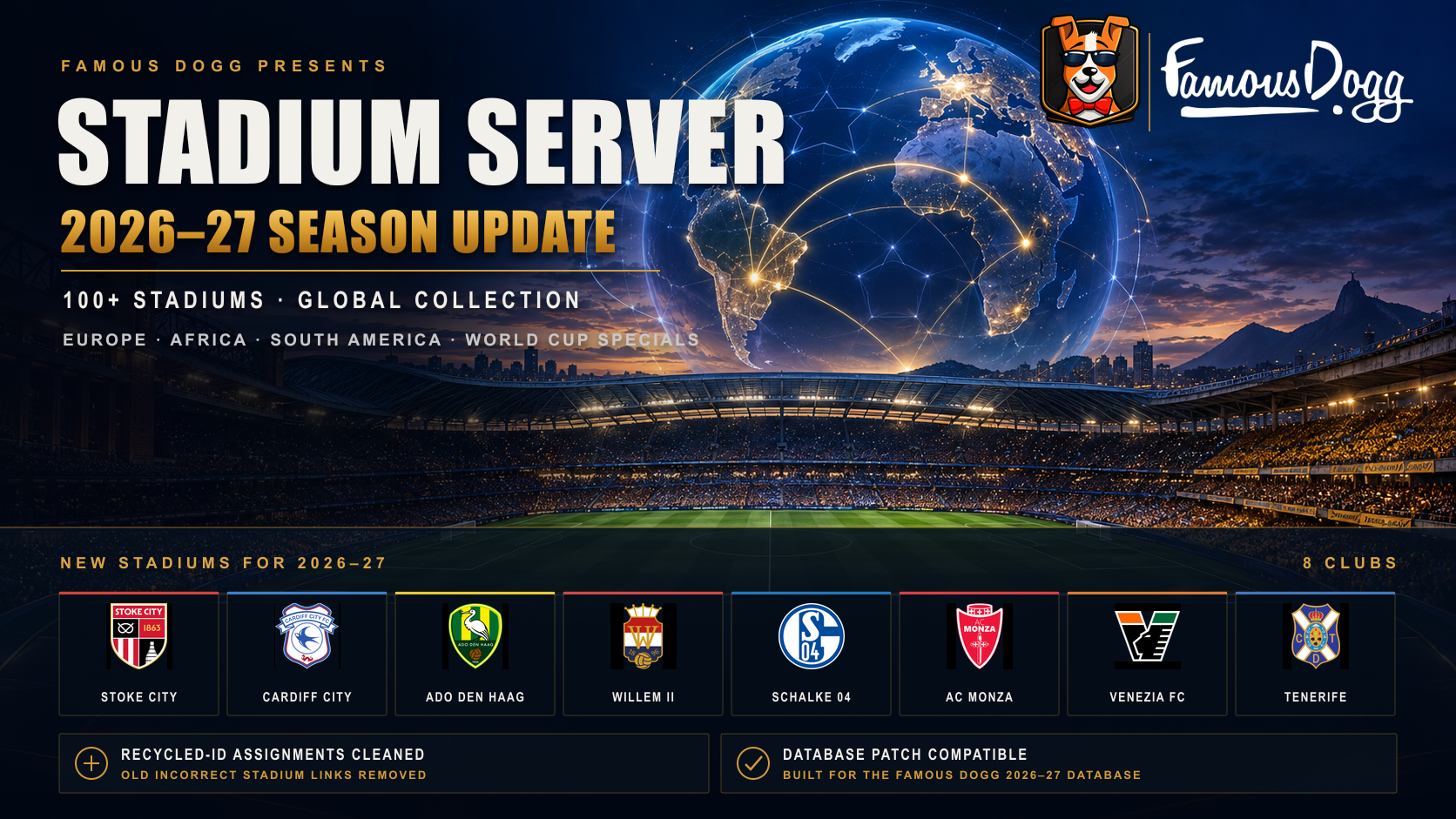 Preview artwork for the Famous Dogg Stadium Server 2026–27 season update for PES 2017