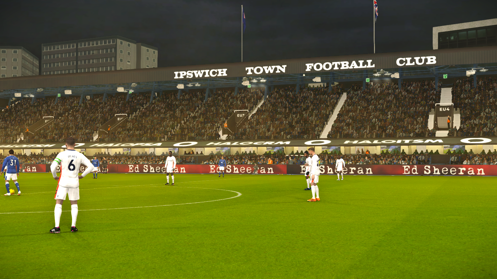 Portman Road stadium in PES 2017 showing the Ipswich Town stand and pitch