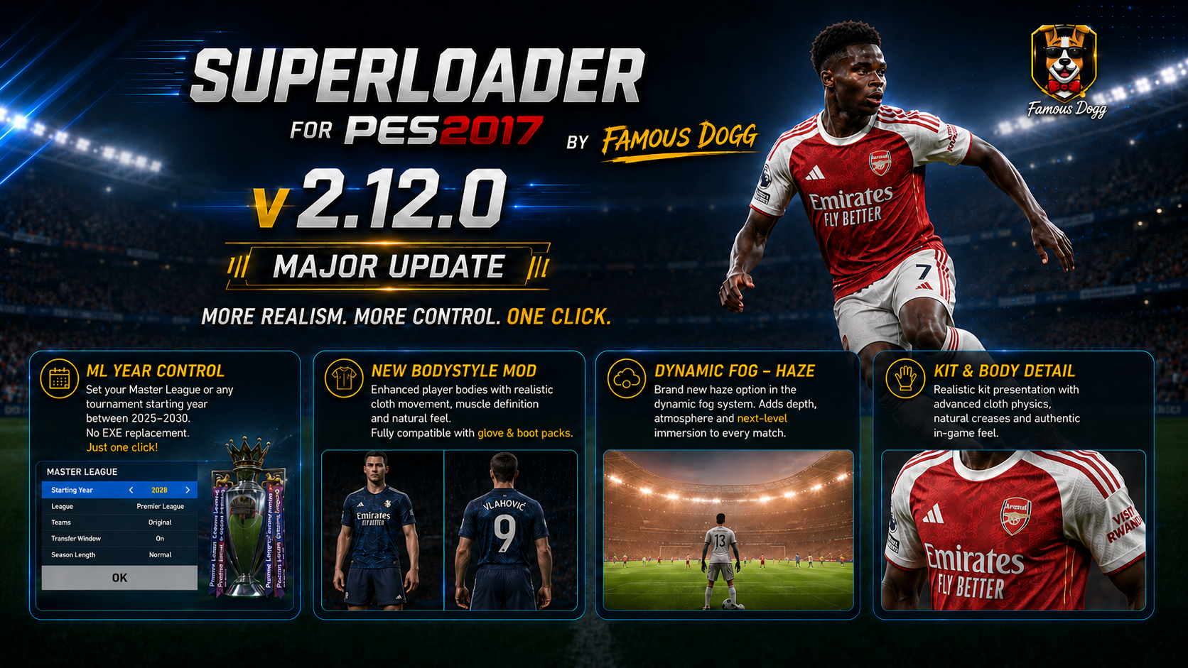 Superloader v2.12.4 patch for PES 2017, retaining Master League year control, Bodystyle and Dynamic Fog Haze