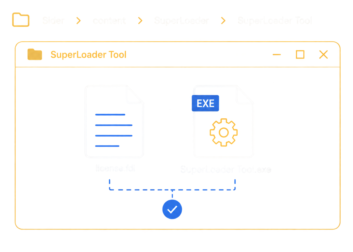 Superloader Tool folder diagram showing license.fdl placed beside Superloader Tool.exe