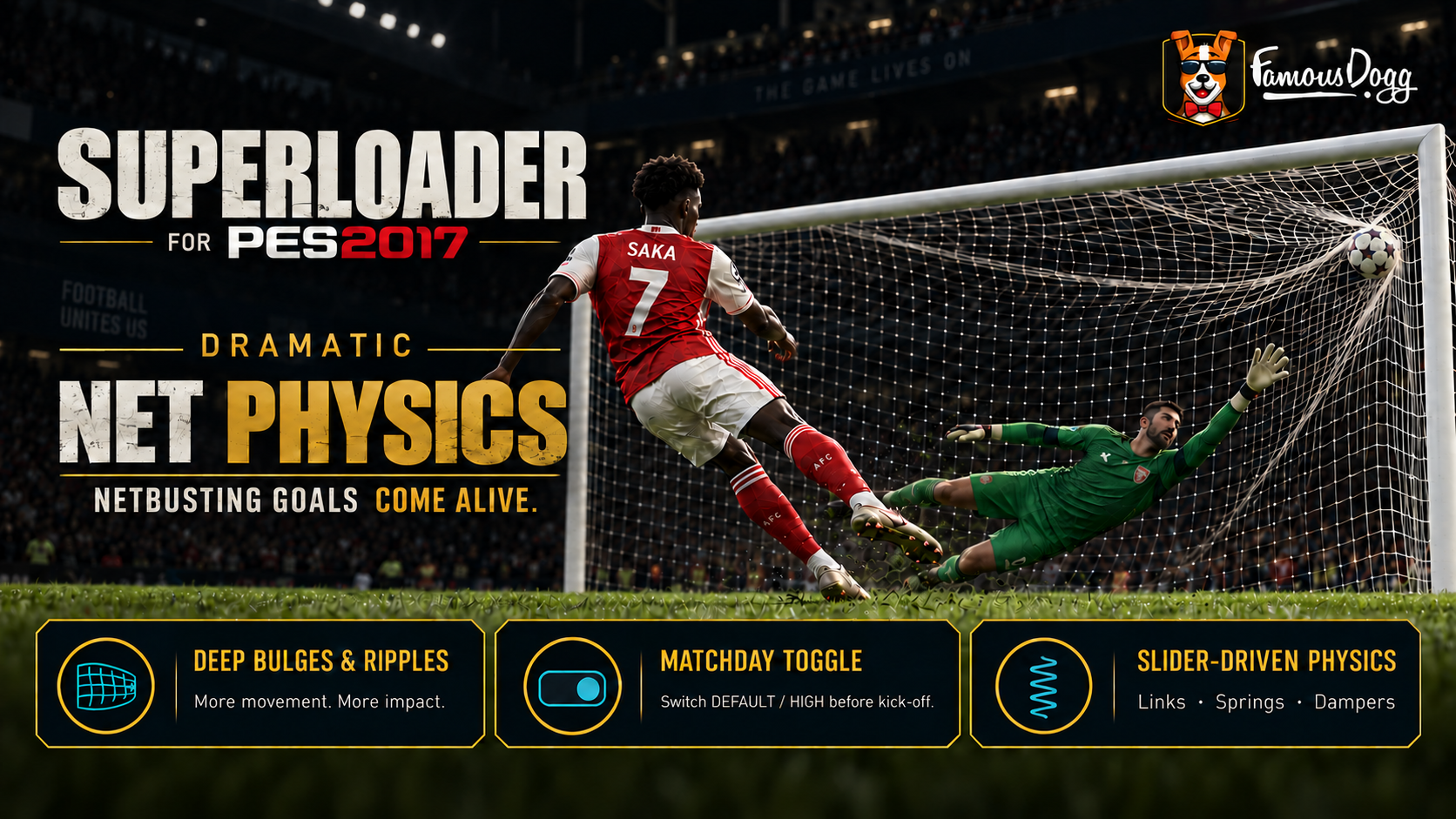 Superloader 2.13.0 for PES 2017 showing Bukayo Saka scoring as the goal net stretches dramatically